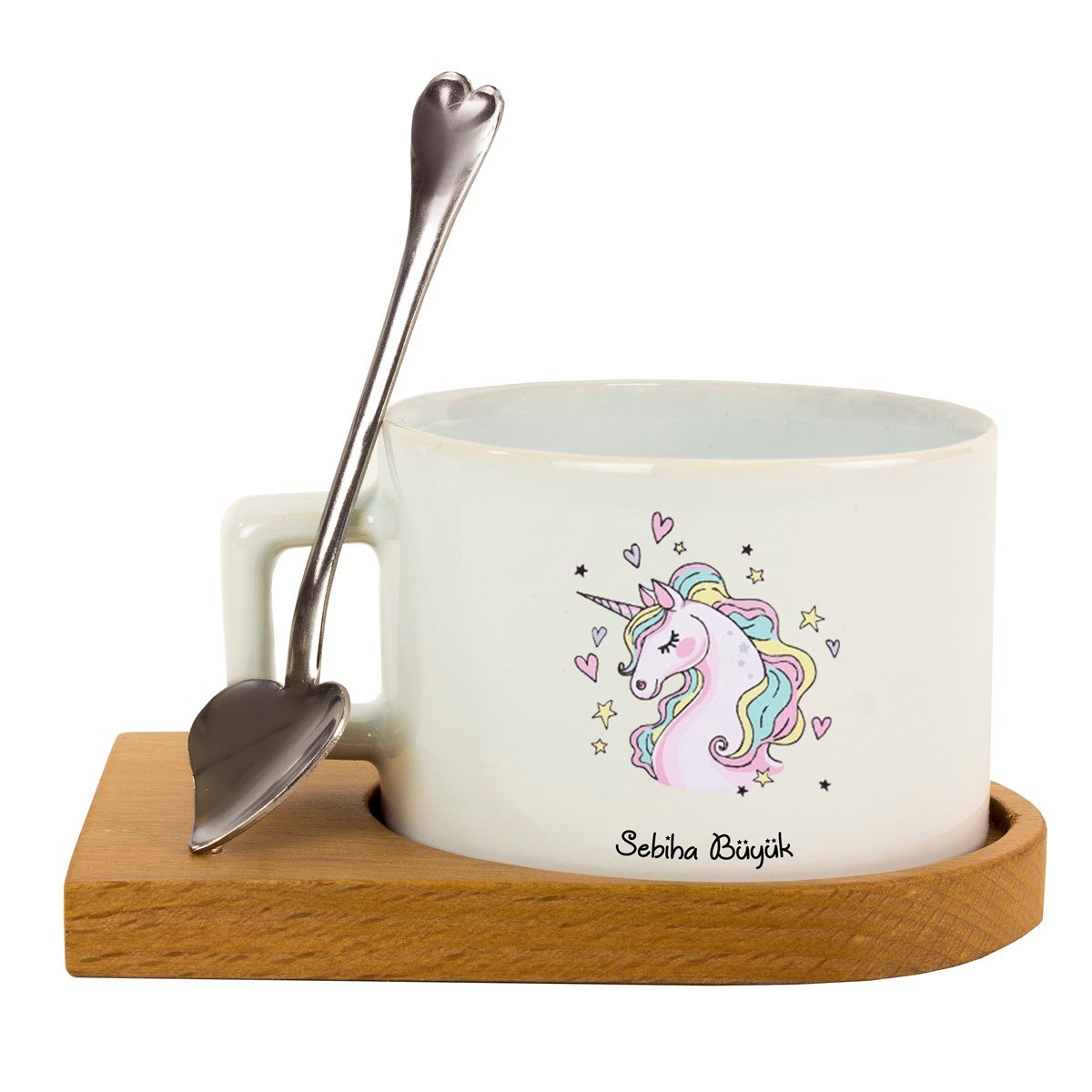 İsme Özel Unicorn Temalı Ahşap Tepsili Kahve Çay Fincanı Seti