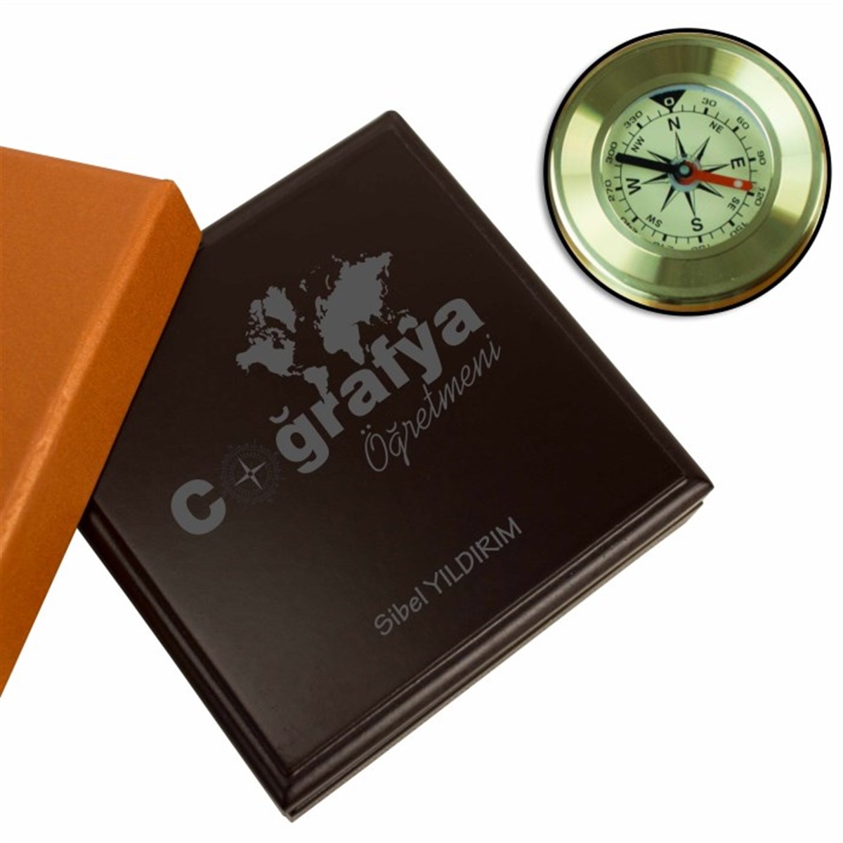 Kişiye Özel Ahşap Kutulu Metal Pusula - Öğretmen