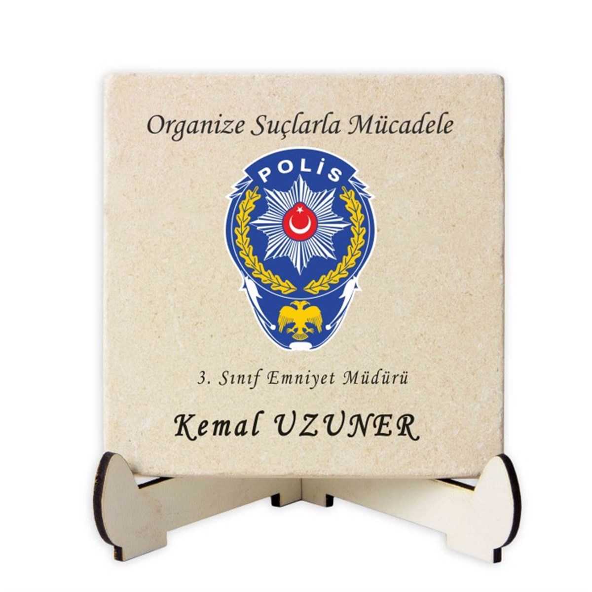 Kişiye Özel Baskılı Ahşap Stantlı İsimlik Kare Taş - Polis