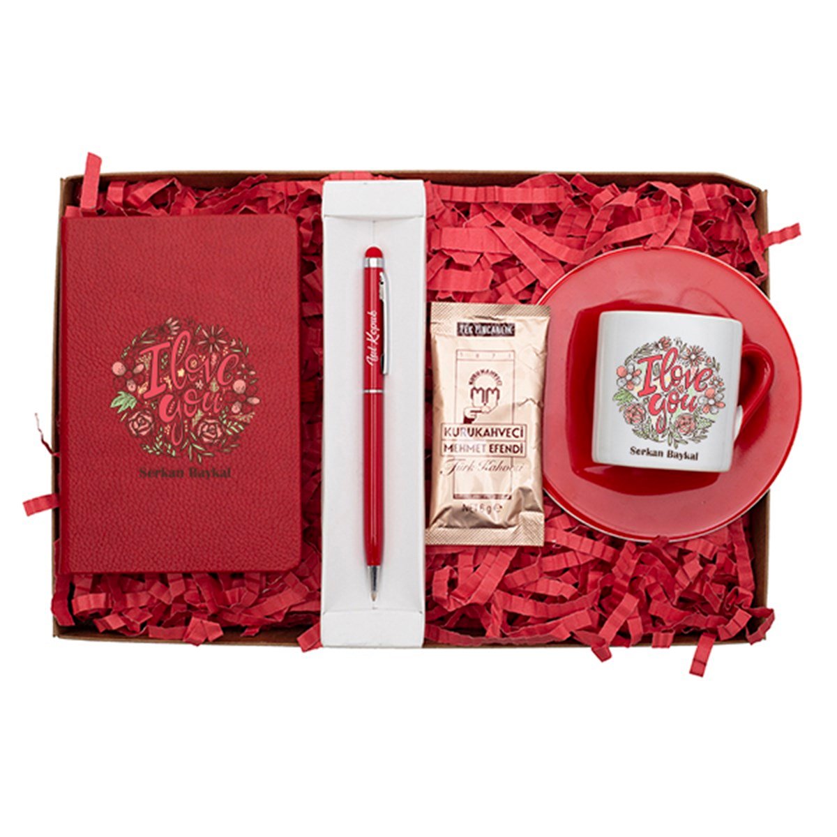 Kişiye Özel Defter Fincan ve Kalem Seti Hediye Kutusu - Çiçek Detaylı  I Love You Baskılı