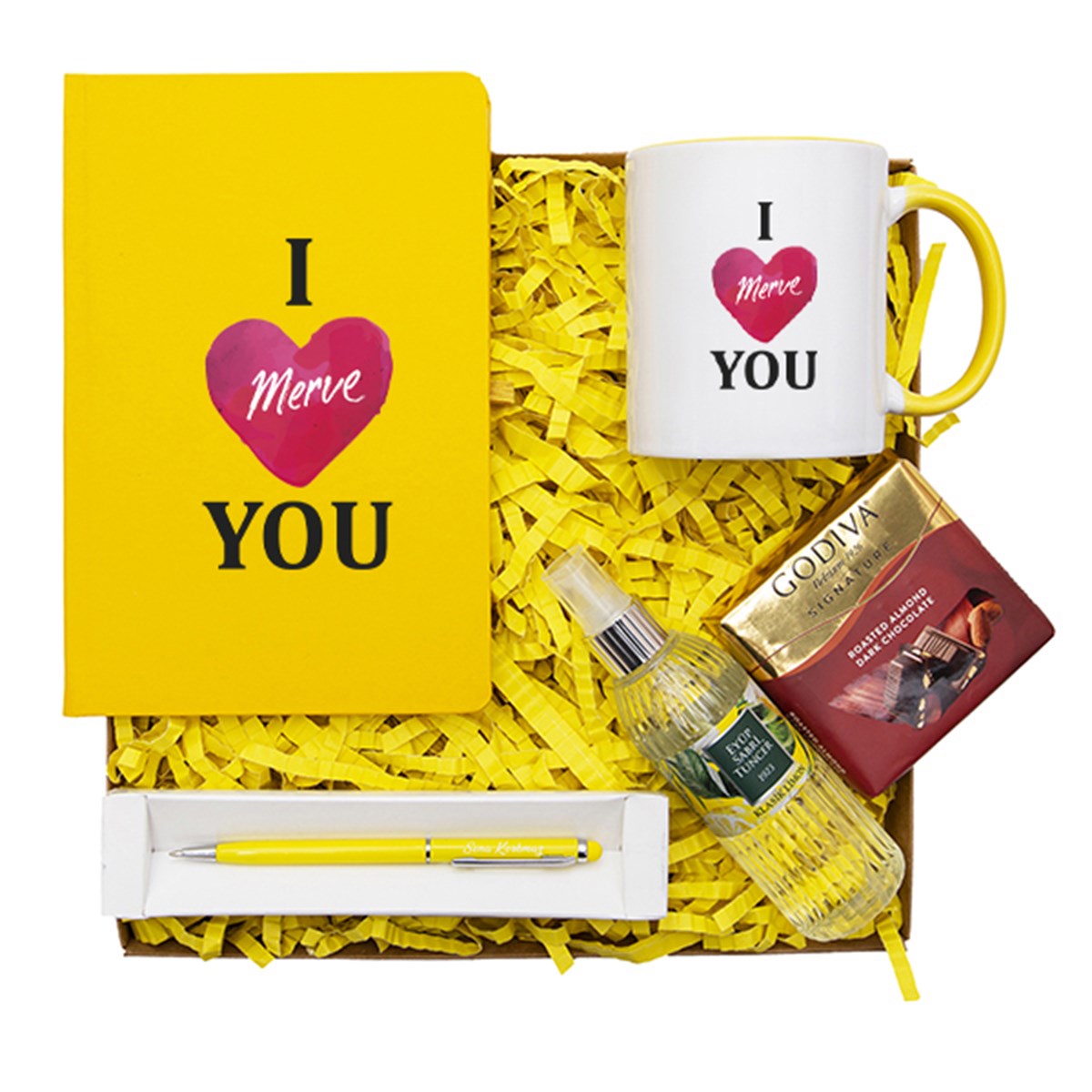 Kişiye Özel Defter Kupa Çikolata Kolonya Kalem Seti Hediye Kutusu -  I Love You Temalı