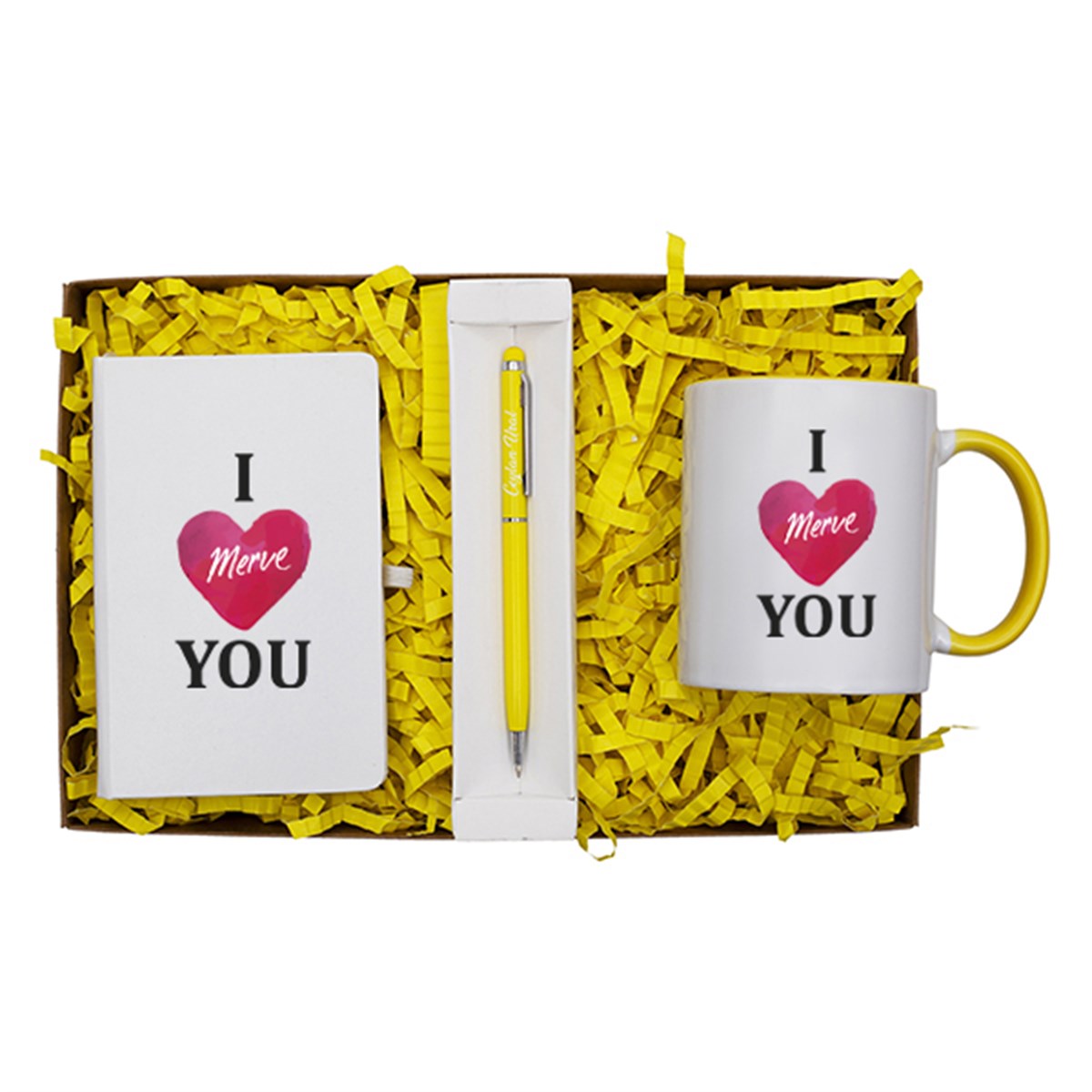 Kişiye Özel Defter Kupa ve Kalem Seti Hediye Kutusu - I Love You Temalı