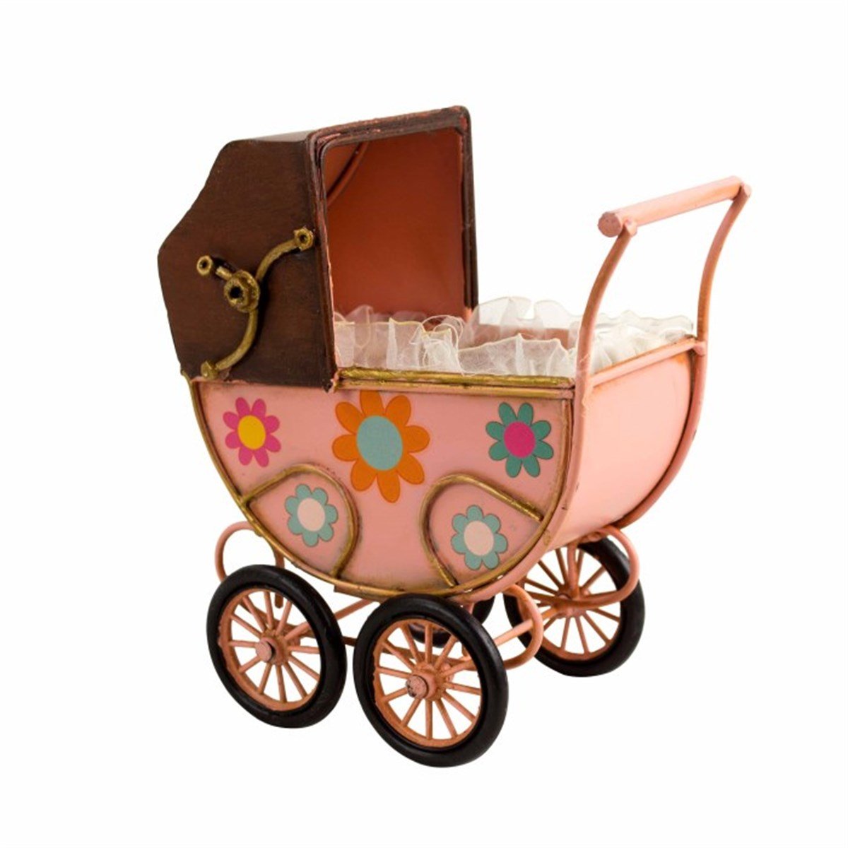 Nostaljik Dekoratif Metal Bebek Arabası - Pembe M2