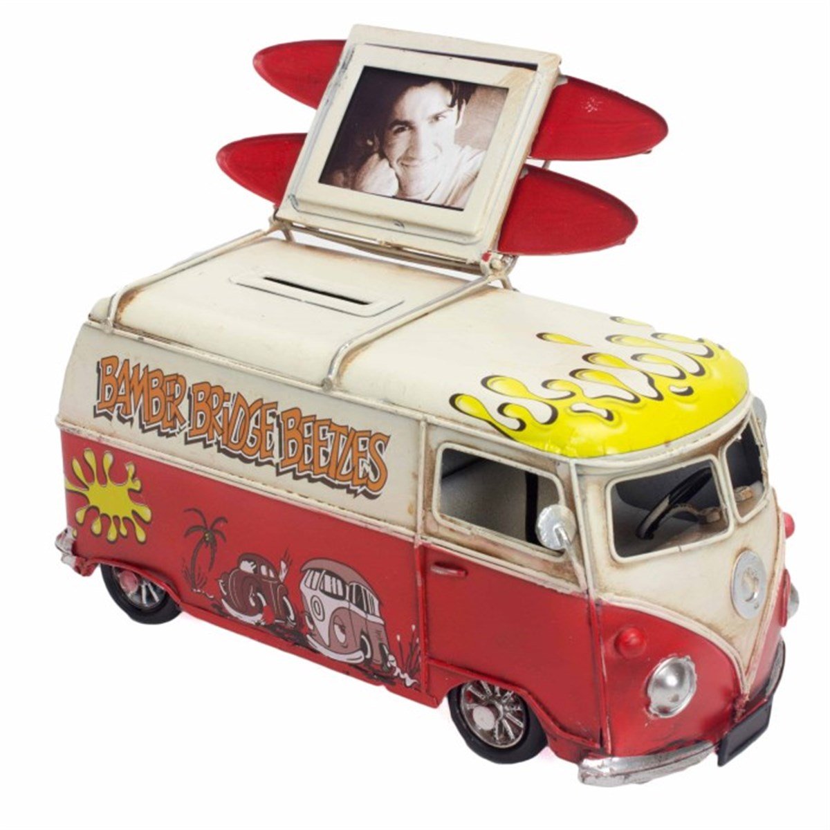 Nostaljik Metal Desenli Vosvos Minibüs Karavan Kumbara Kırmızı