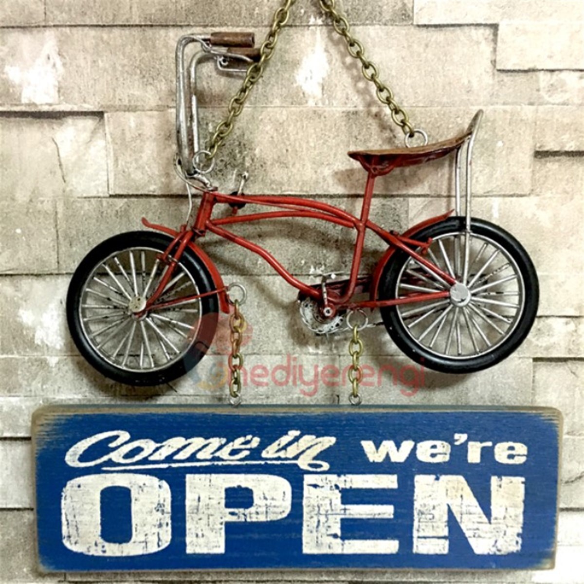 Nostaljik Metal Kırmızı Bisiklet Temalı Open - Closed Kapı Askısı Büyük Boy