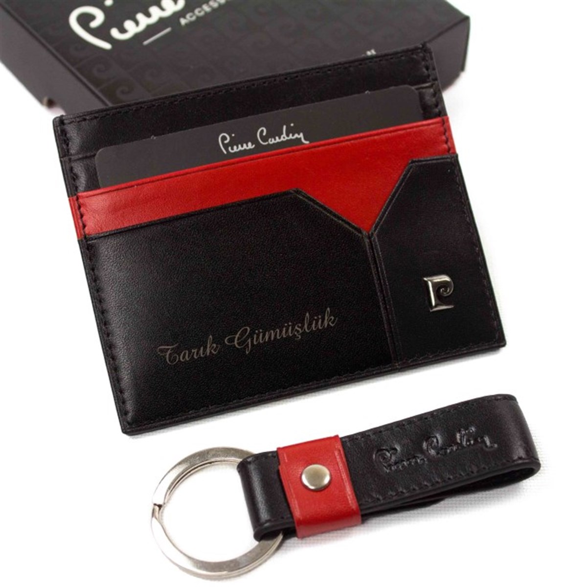 Pierre Cardin İsme Özel Kartlık Cüzdan ve Anahtarlık Siyah - Kırmızı P0242SK