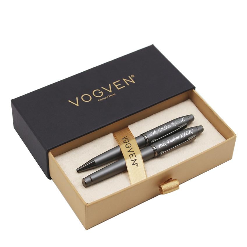 Vogven Marka İsme Özel Mat Füme Premium Roller ve Tükenmez Kalem Seti