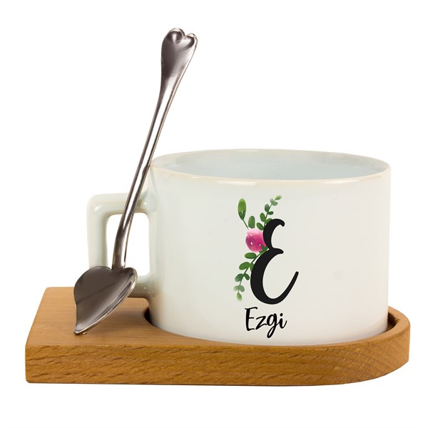 İsme Özel Ahşap Tepsili Kahve Çay Fincanı Seti - Pembe Çiçekli Harf