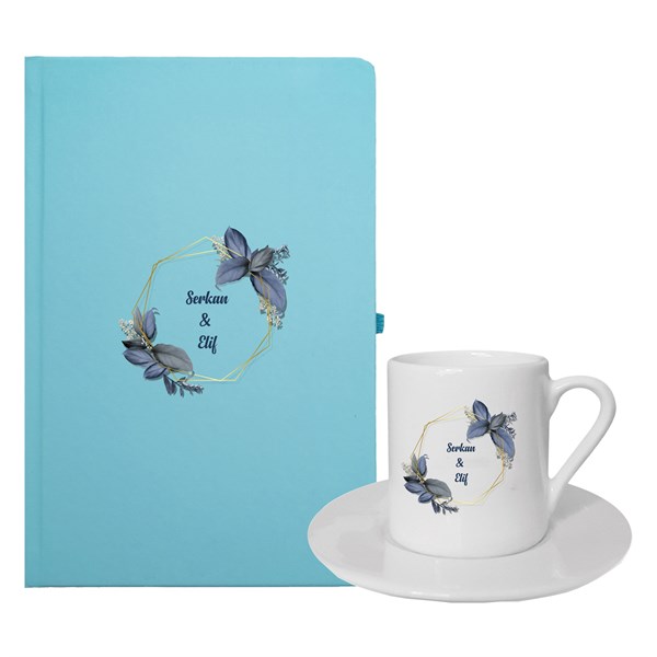 İsme Özel Çiçek Detaylı Defter ve Kahve Fincan Seti - Mavi