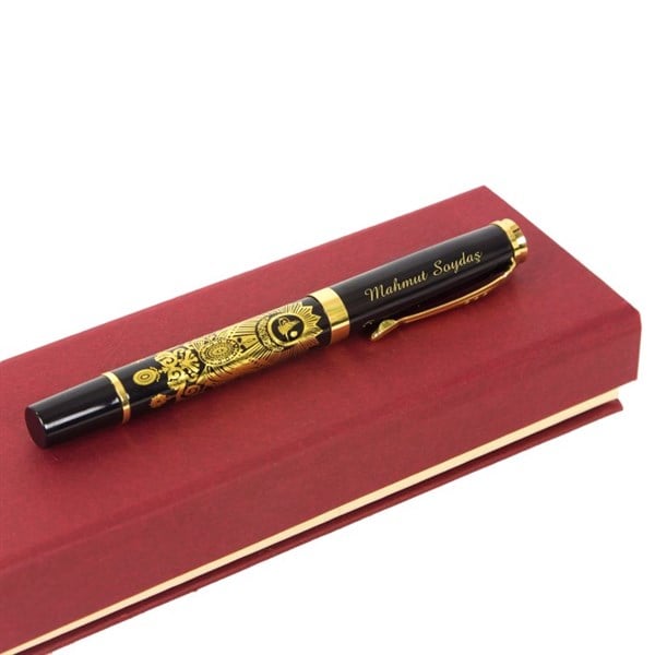 İsme Özel Tuğra Temalı Altın Rengi İşlemeli Roller Kalem​ Tasarım Kutulu