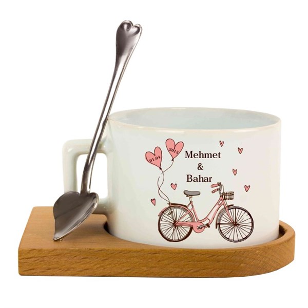 Sevgililer Günü Hediyesi Ahşap Tepsili Kahve Çay Fincanı Seti - Balonlu Bisiklet