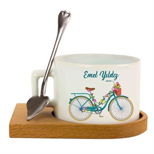 İsme Özel Ahşap Tepsili Kahve Çay Fincanı Seti - Bisiklet