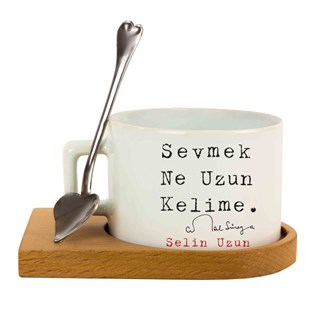 İsme Özel Ahşap Tepsili Kahve Çay Fincanı Seti - Sevmek Ne Uzun Kelime