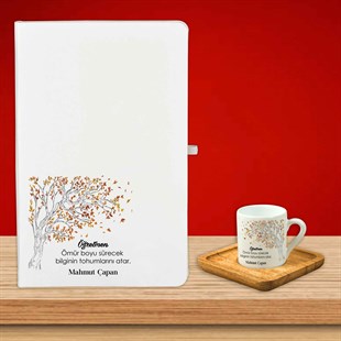 İsme Özel Defter Ahşap Tepsili Fincan Seti-Sonbahar