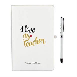 İsme Özel Defter Kalem Seti Beyaz-I love My Teacher