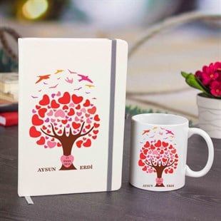 İsme Özel Defter ve Kupa Bardak Seti - Kalp Ağacı