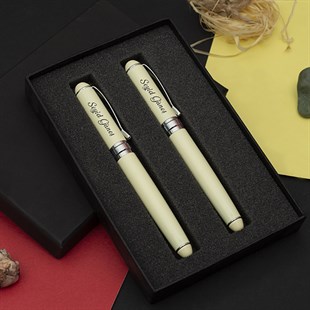 İsme Özel Exlucive Metal Beyaz Dolma Kalem ve Roller Kalem Seti - Hediye Kutulu