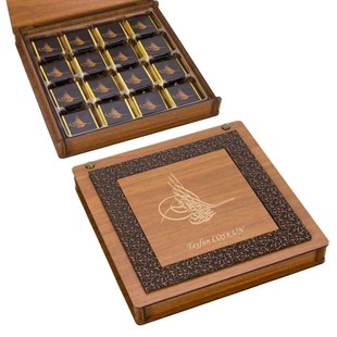 İsme Özel Osmanlı Tuğrası Temalı Ahşap Tasarım Kutu 48'li Çikolata