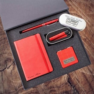 İsme Özel Premium Defter Kalem Ayna ve Çakmak Seti Kırmızı