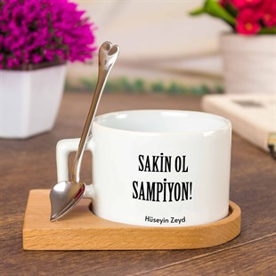 İsme Özel Sakin Ol Şampiyon Temalı Ahşap Tepsili Kahve Çay Fincanı Seti