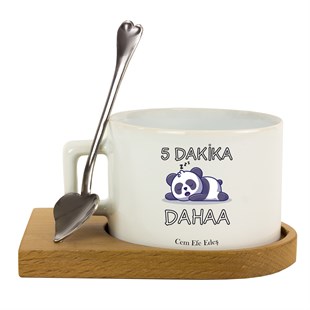 İsme Özel Uykucu Panda Temalı Ahşap Tepsili Kahve Çay Fincanı Seti