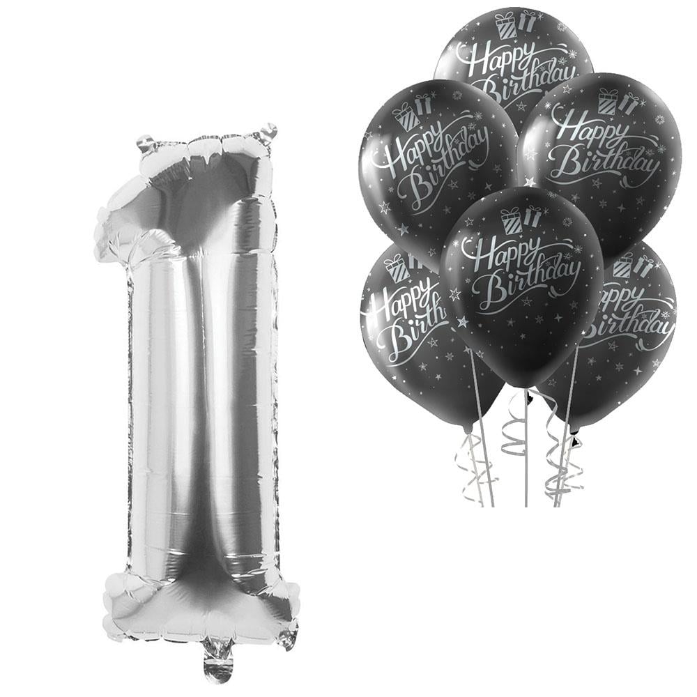1 Rakam Gümüş Happy Birthday Balonlu Set