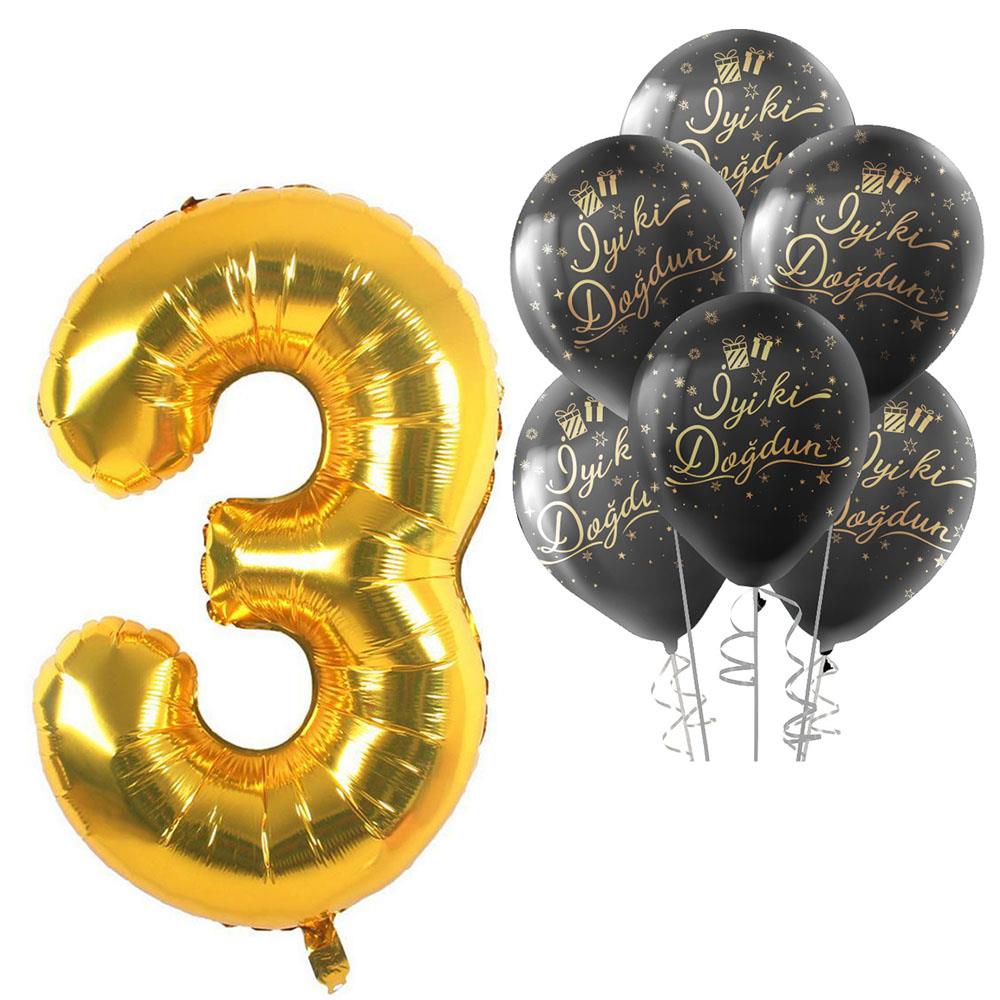 3 Rakam Altın İyi ki Doğdun Balonlu Set