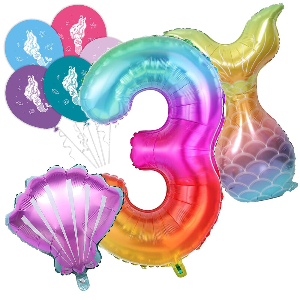 3 Rakam Gökkuşağı Deniz Kızı Folyo Balon Seti