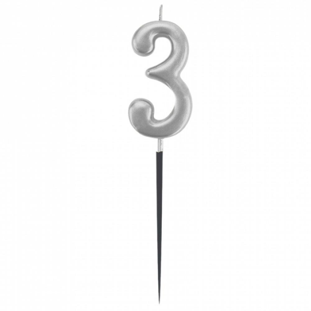 3 Rakam Gümüş Çubuk Mum 14 cm