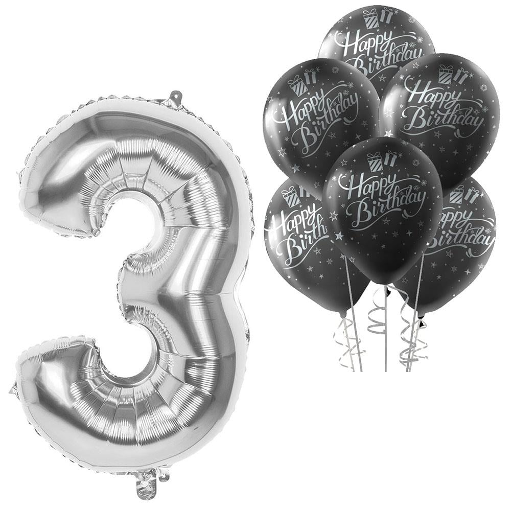 3 Rakam Gümüş Happy Birthday Balonlu Set