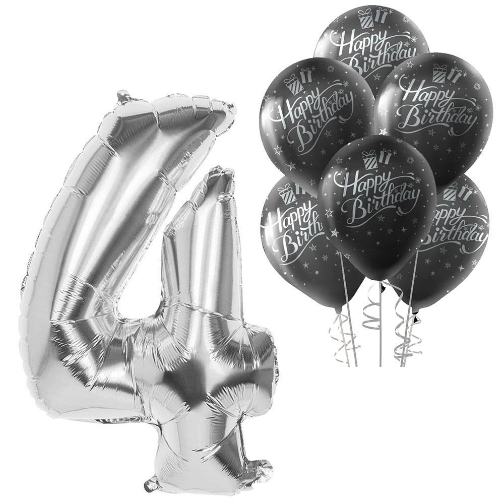 4 Rakam Gümüş Happy Birthday Balonlu Set