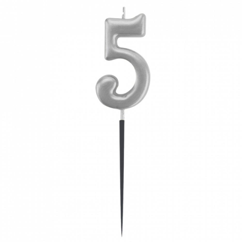 5 Rakam Gümüş Çubuk Mum 14 cm