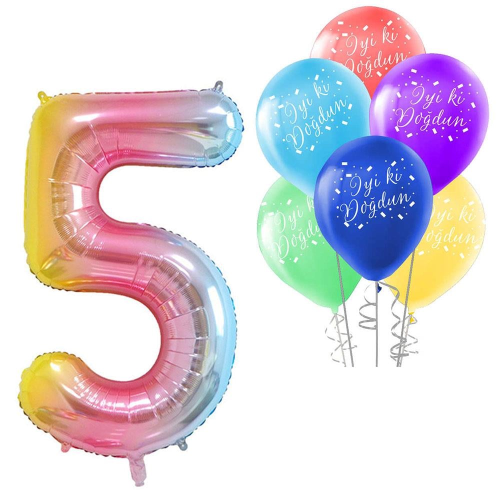 5 Rakam Rengarenk İyi ki Doğdun Balonlu Set