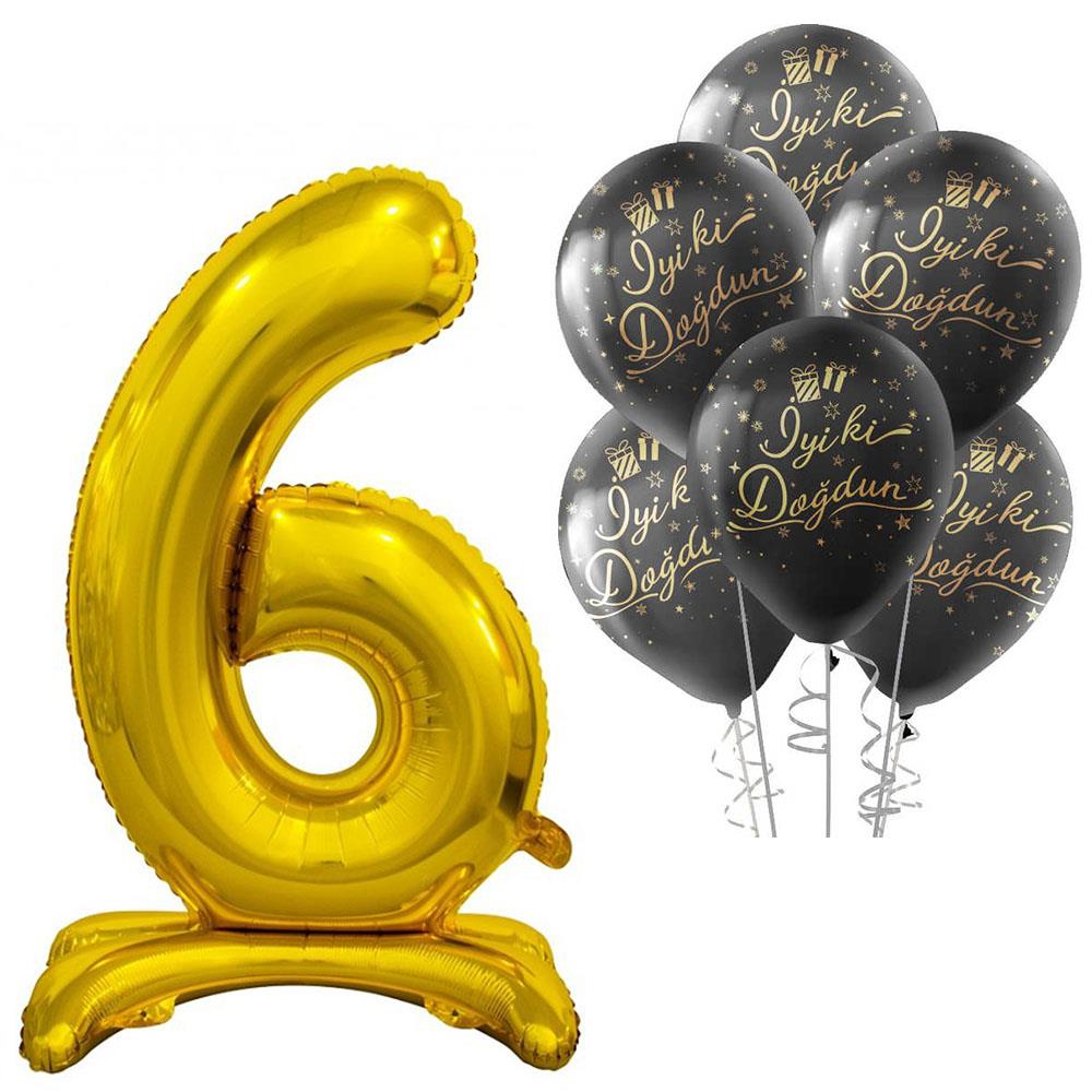 6 Rakam Ayakta Durabilen Altın İyi ki Doğdun Balonlu Set