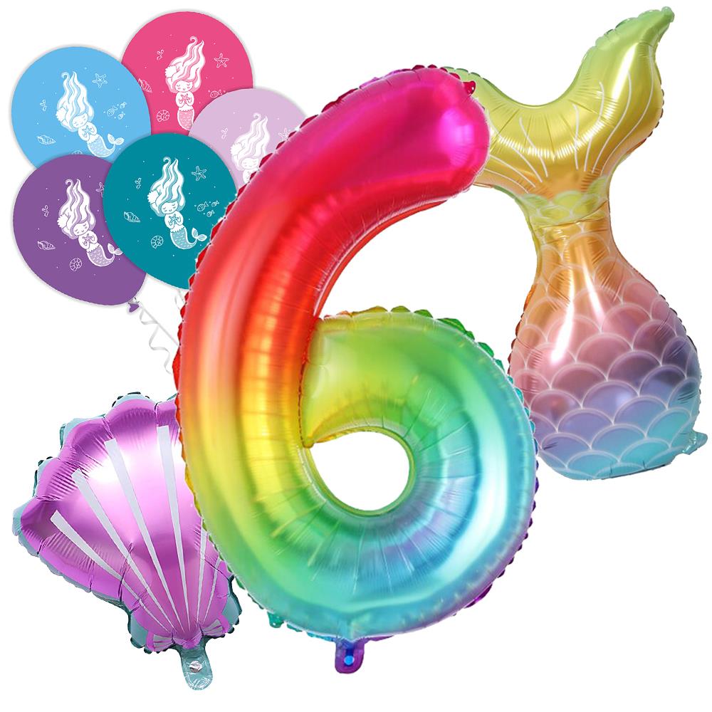 6 Rakam Gökkuşağı Deniz Kızı Folyo Balon Seti