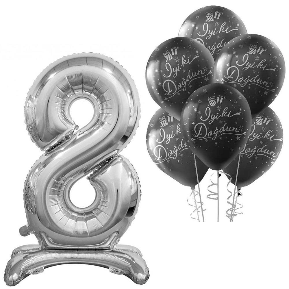 8 Rakam Ayakta Durabilen Gümüş İyi ki Doğdun Balonlu Set