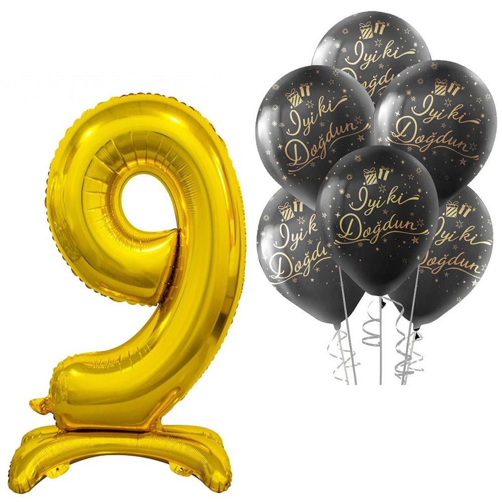 9 Rakam Ayakta Durabilen Altın İyi ki Doğdun Balonlu Set