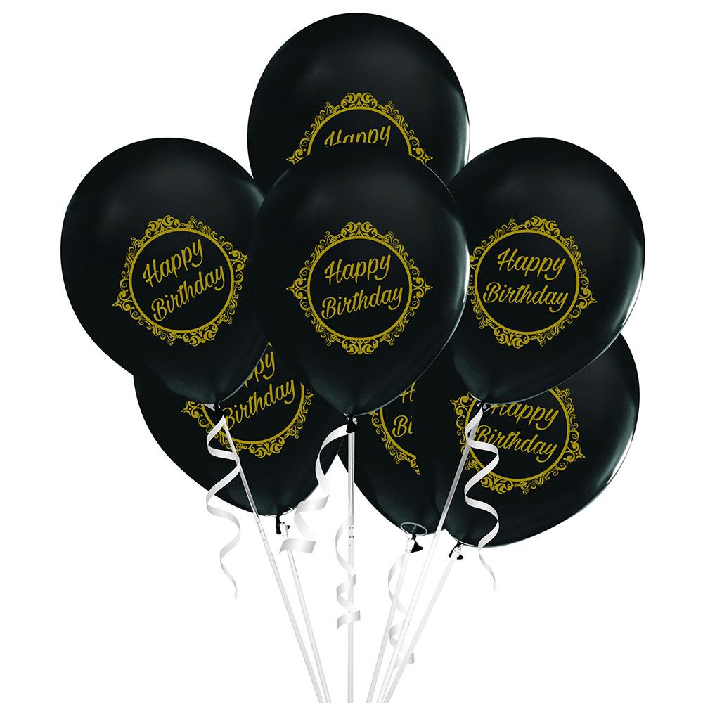 Altın Happy Birthday Baskılı Siyah Lateks Balon 10'lu