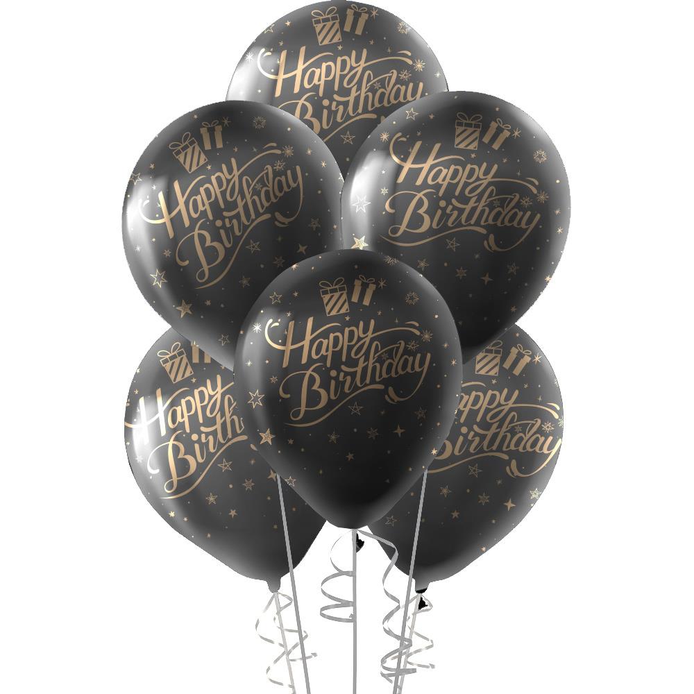 Altın Happy Birthday Baskılı Siyah Lateks Balon 10'lu