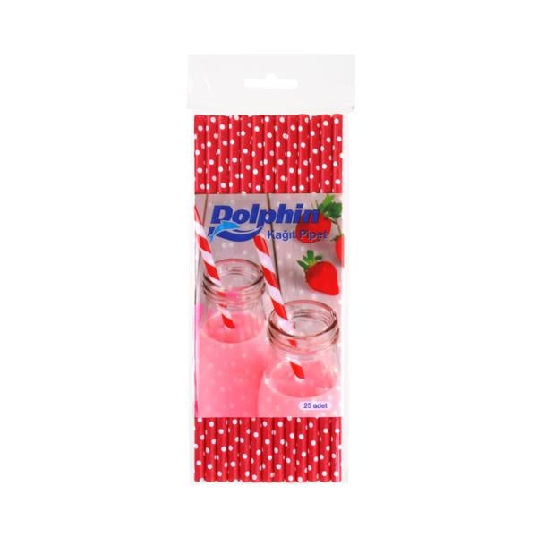 Beyaz Puantiyeli Kırmızı Kağıt Pipet 25'li
