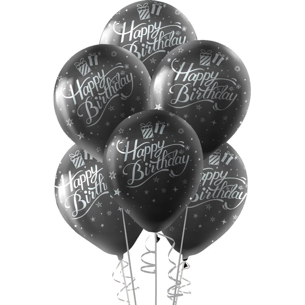 Gümüş Happy Birthday Baskılı Siyah Lateks Balon 10'lu