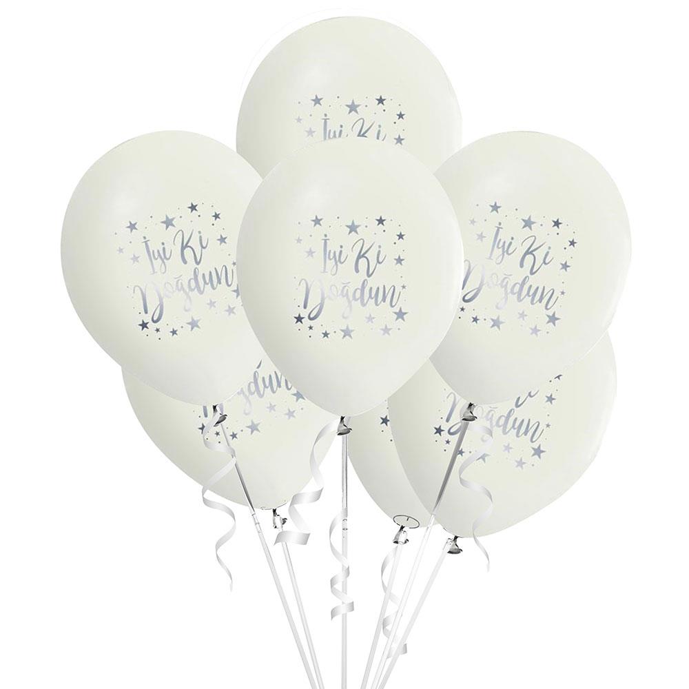 İyi ki Doğdun Gümüş Baskılı Beyaz Lateks Balon 10'lu