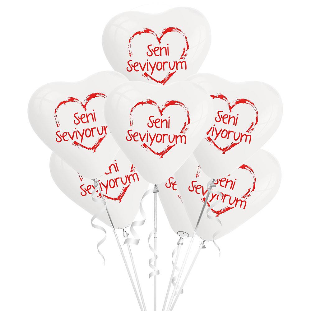 Kırmızı Seni Seviyorum Baskılı Beyaz Kalp Lateks Balon 10'lu