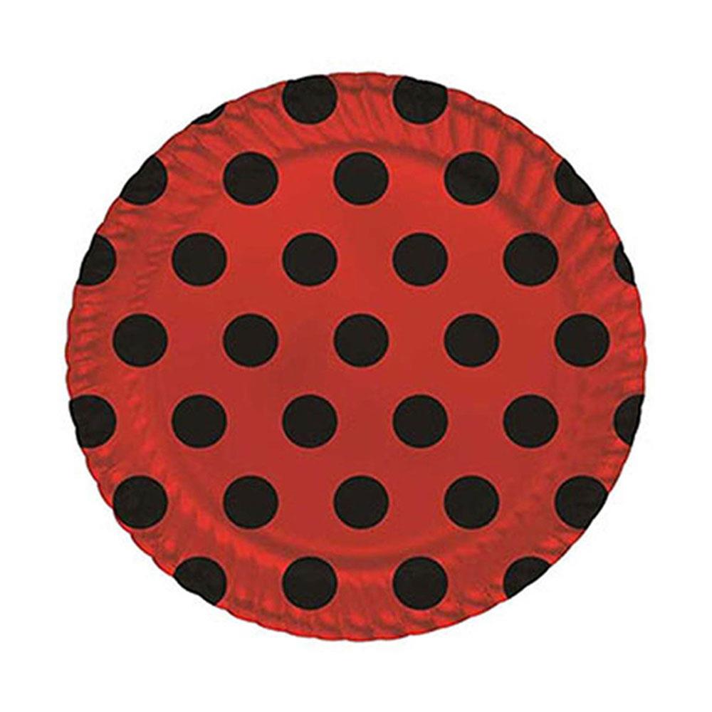Siyah Puantiyeli Kırmızı Karton Tabak 23 cm 8'li