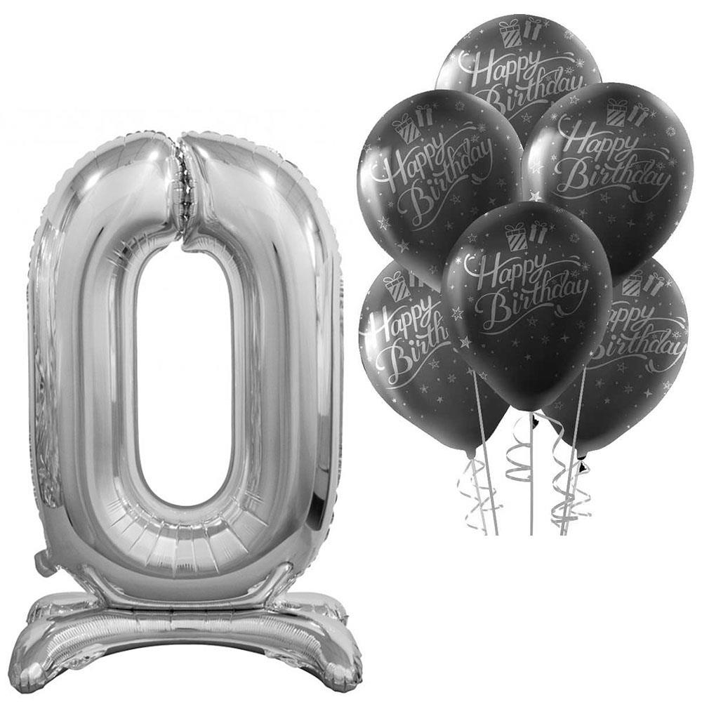 0 Rakam Ayakta Durabilen Gümüş Happy Birthday Balonlu Set