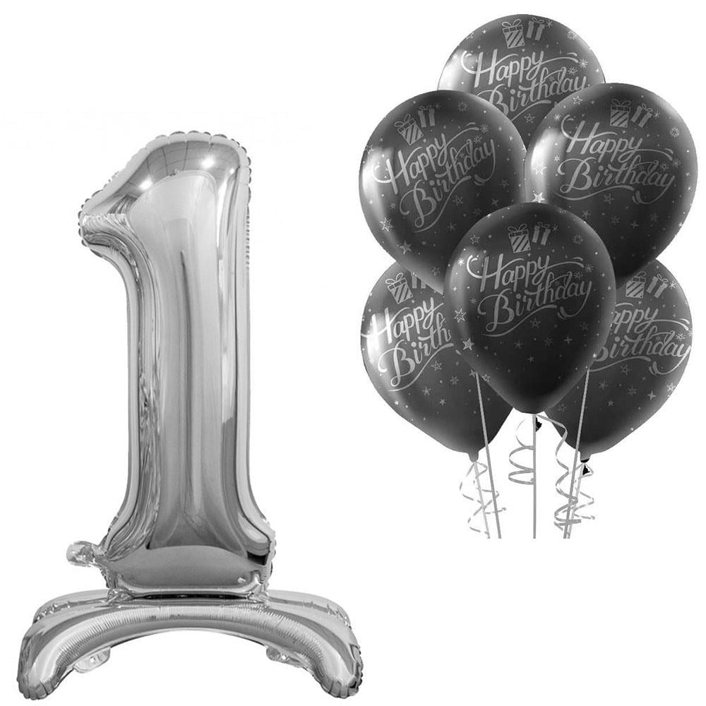 1 Rakam Ayakta Durabilen Gümüş Happy Birthday Balonlu Set