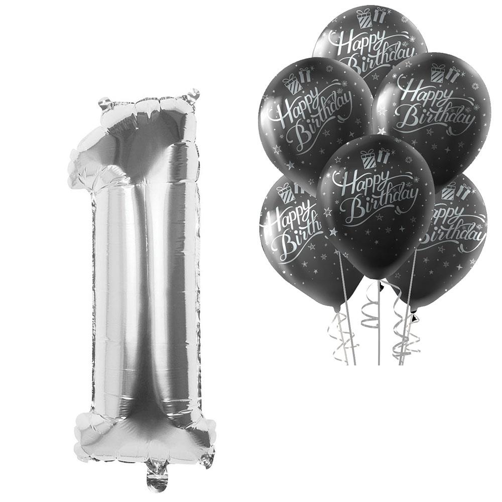 1 Rakam Gümüş Happy Birthday Balonlu Set