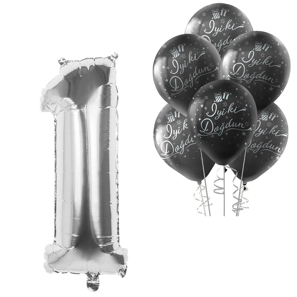1 Rakam Gümüş İyi ki Doğdun Balonlu Set