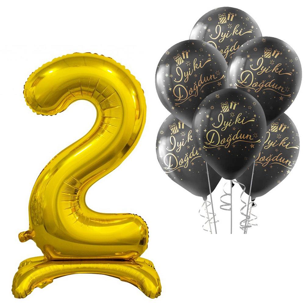 2 Rakam Ayakta Durabilen Altın İyi ki Doğdun Balonlu Set