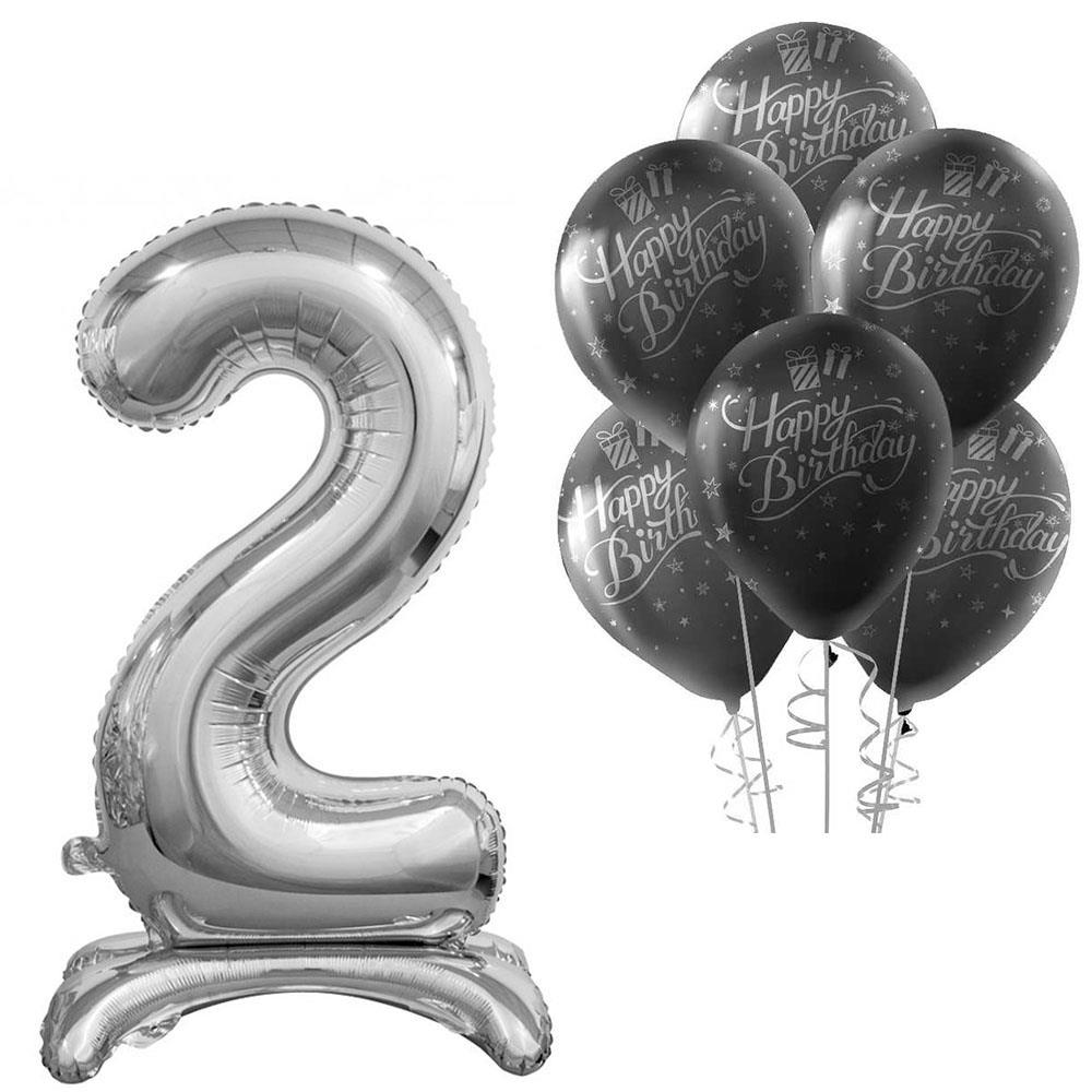 2 Rakam Ayakta Durabilen Gümüş Happy Birthday Balonlu Set